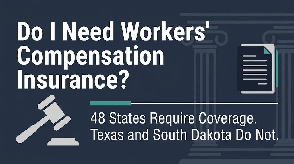Workers' comp insurance requirements 2026 banner showing 48 states require coverage and Texas and South Dakota do not.