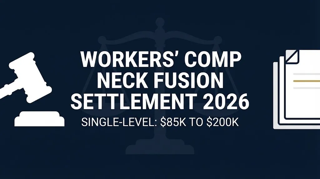 Workers comp neck fusion settlement 2026 payout ranges and factors infographic banner