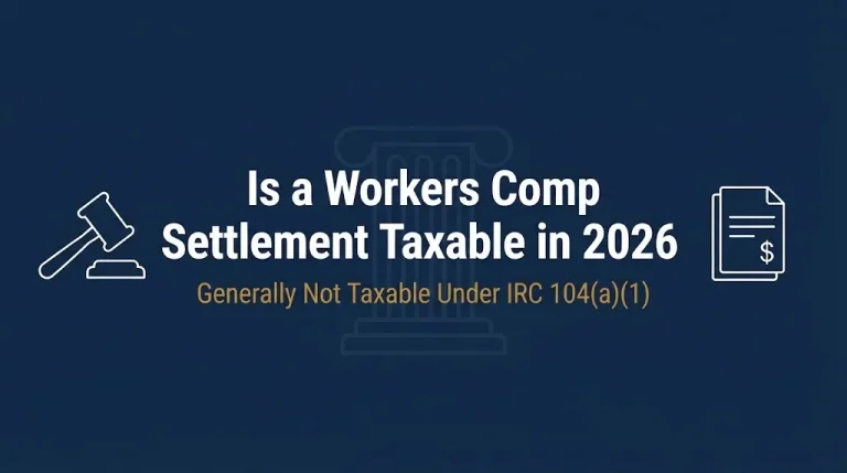 Workers comp settlement tax banner showing generally not taxable under IRC 104(a)(1) in 2026.