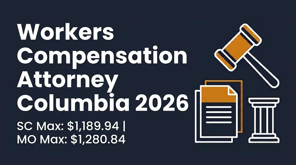 Workers compensation attorney Columbia 2026 banner showing South Carolina and Missouri maximum weekly benefit rates.