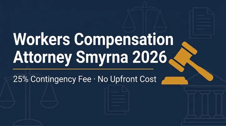 Workers compensation attorney Smyrna 2026 banner showing 25% contingency fee and no upfront cost.