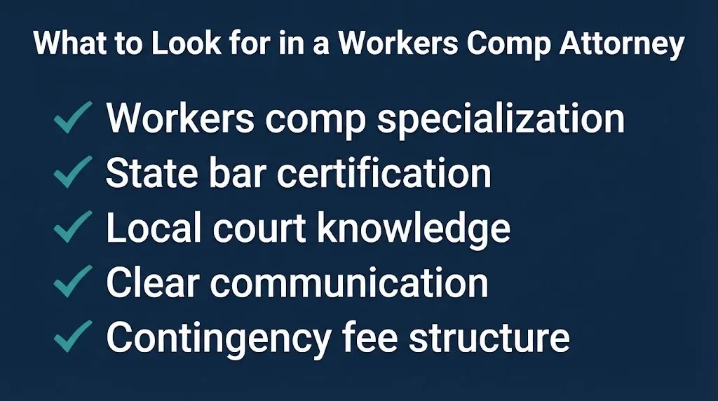 Workers compensation attorney checklist graphic showing five key qualities including specialization and certification.