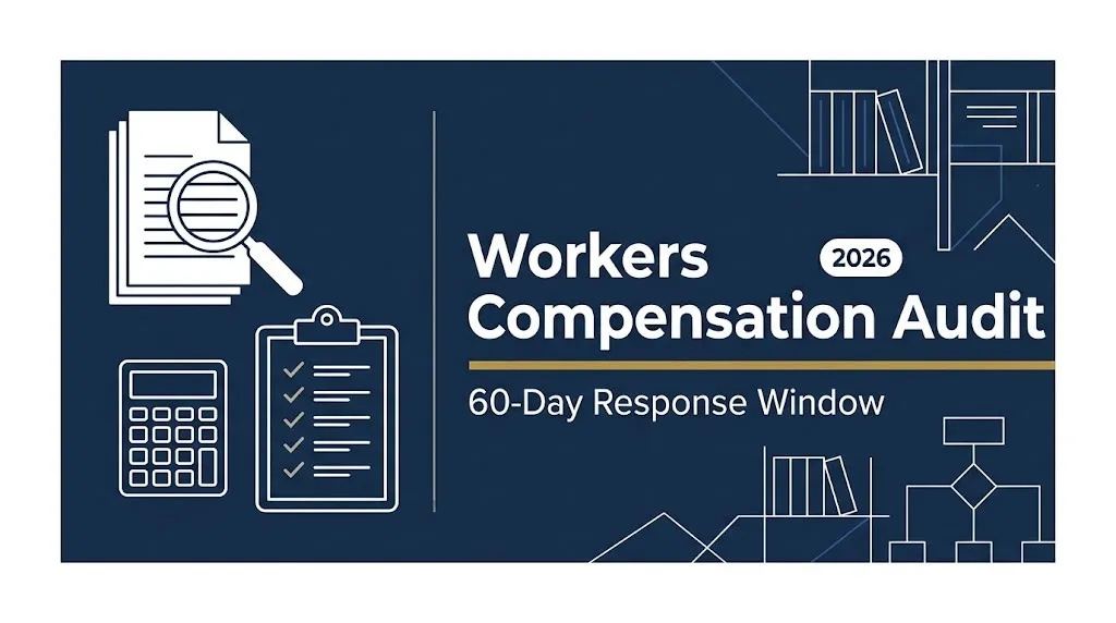 Workers compensation audit 2026 banner with 60-day response window and document review imagery.