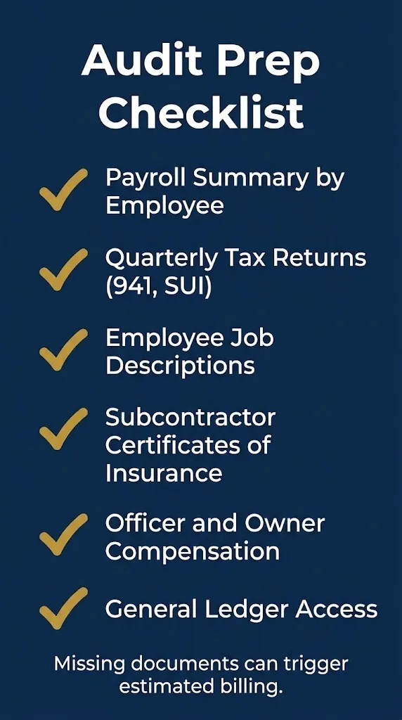 Workers compensation audit preparation checklist showing payroll, tax, and subcontractor documents needed.