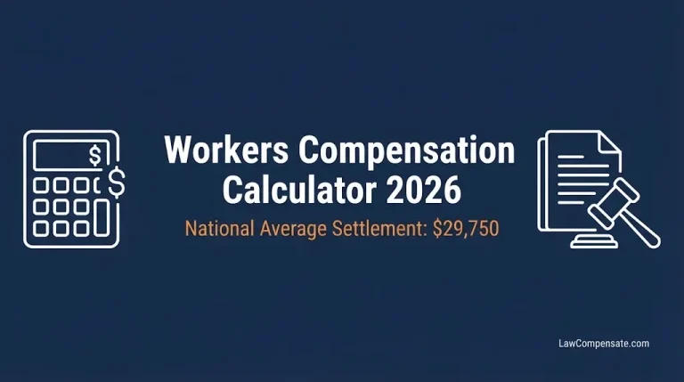 Workers compensation calculator 2026 infographic with national average settlement $29,750.