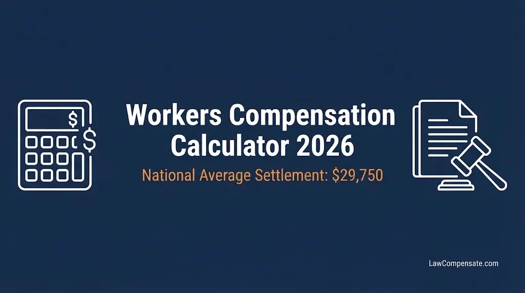 Workers compensation calculator 2026 infographic with national average settlement $29,750.