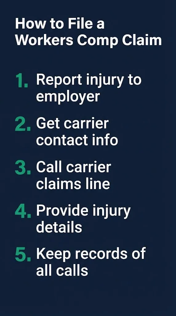Workers compensation claim filing steps graphic showing how to report an injury and contact the carrier.