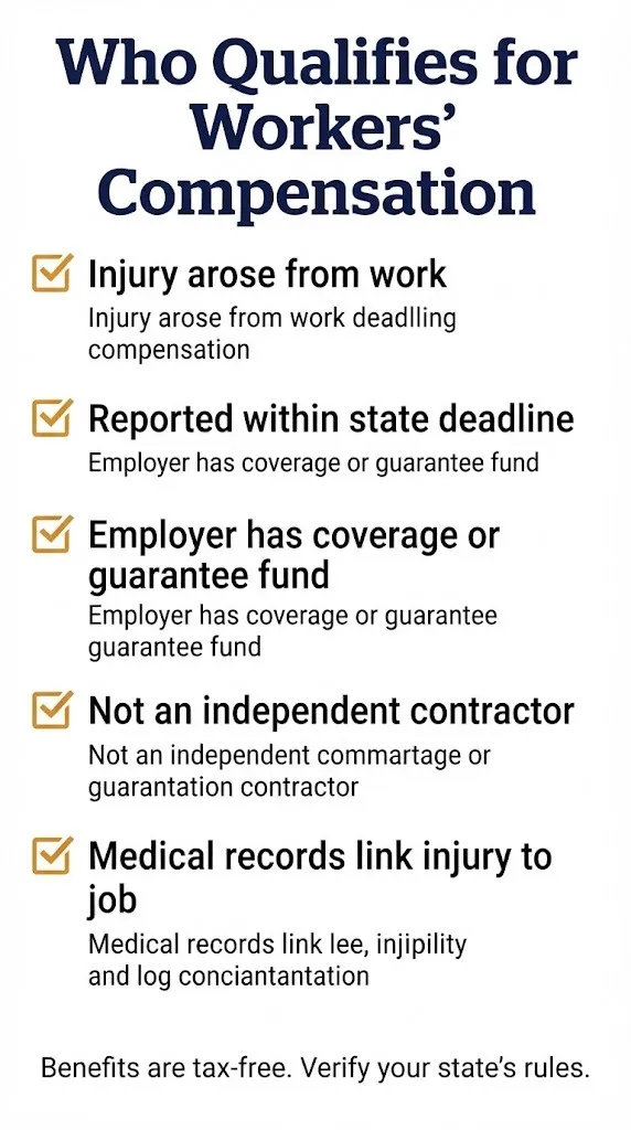 Workers' compensation eligibility checklist showing five criteria for who qualifies for benefits.