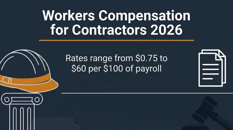 Workers compensation for contractors 2026 banner showing payroll rate range by trade.