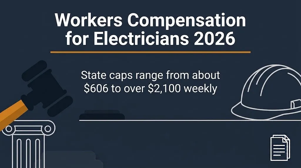 Workers compensation for electricians 2026 banner showing state weekly benefit caps.