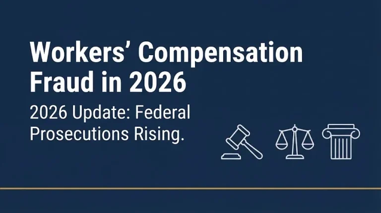 Workers' compensation fraud 2026 update banner with gavel and scales imagery.