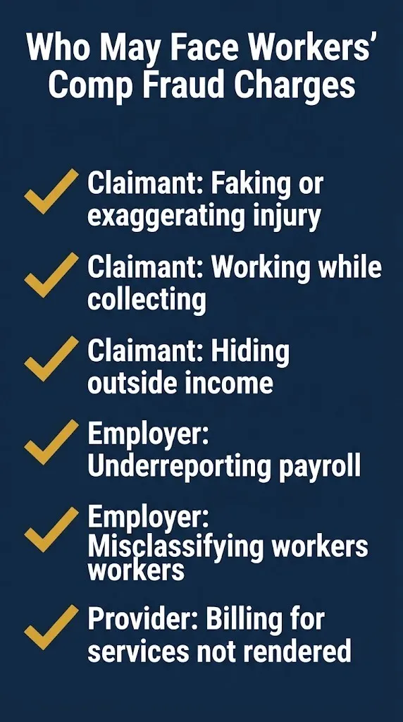 Workers' compensation fraud checklist showing claimant and employer violation types.