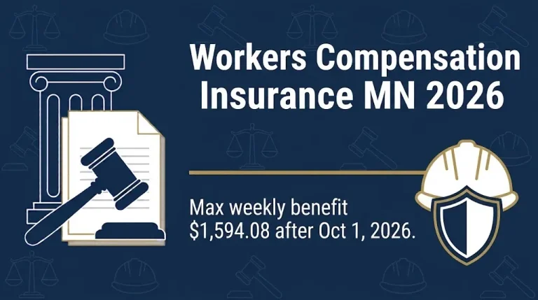 Workers compensation insurance MN 2026 banner showing the $1,594.08 max weekly benefit.