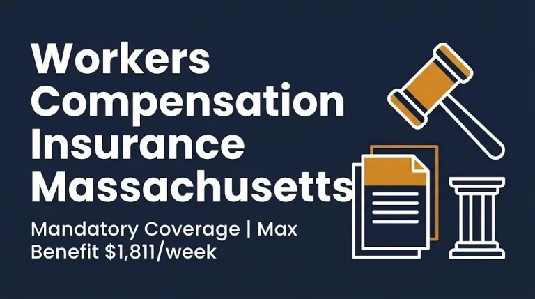 Workers compensation insurance Massachusetts 2026 banner showing mandatory coverage and $1,811 weekly maximum.