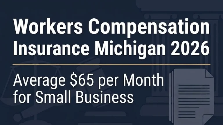 Workers compensation insurance Michigan 2026 banner showing average $65 monthly cost.