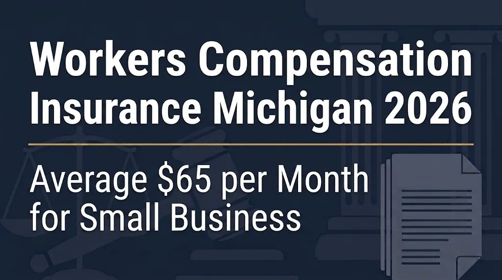 Workers compensation insurance Michigan 2026 banner showing average $65 monthly cost.