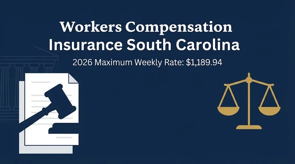 Workers compensation insurance South Carolina 2026 banner with gavel icon and maximum weekly rate.