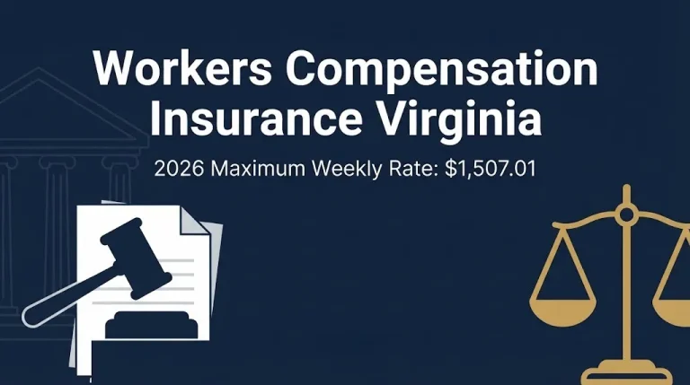 Workers compensation insurance Virginia 2026 banner with gavel icon and maximum weekly rate.