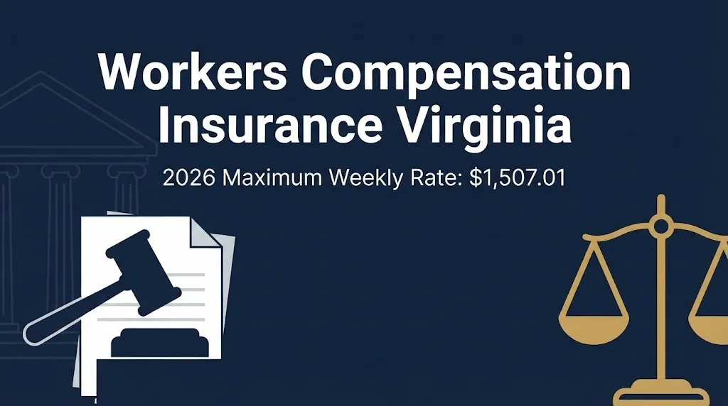 Workers compensation insurance Virginia 2026 banner with gavel icon and maximum weekly rate.