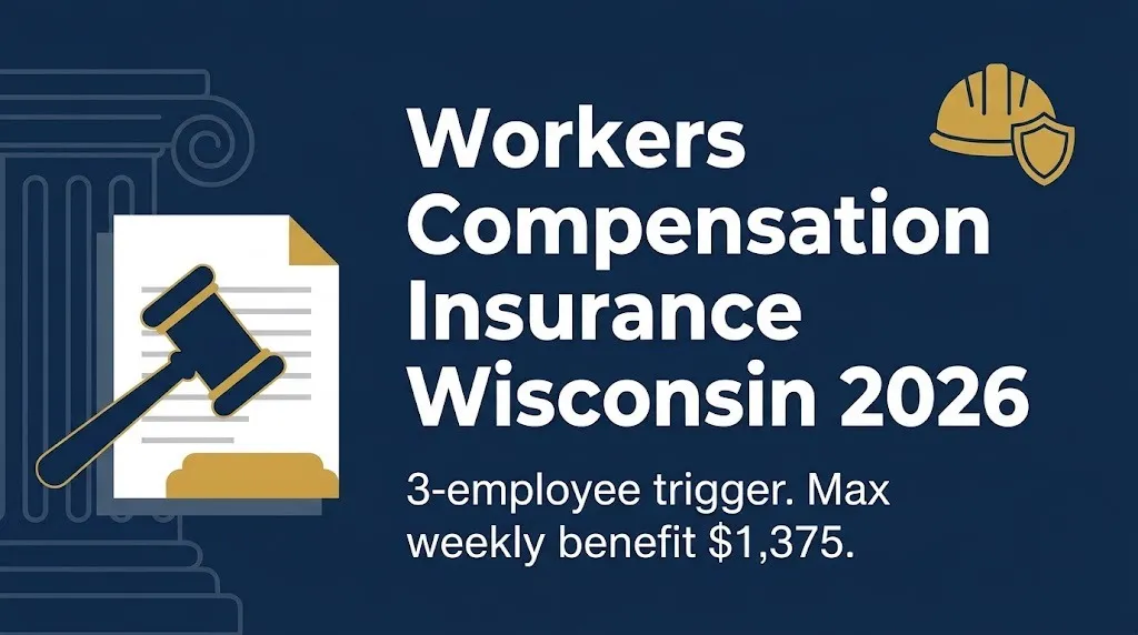 Workers compensation insurance Wisconsin 2026 banner showing three-employee trigger and $1,375 benefit cap.
