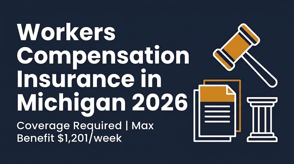 Workers compensation insurance in Michigan 2026 banner showing coverage requirement and $1,201 weekly maximum.