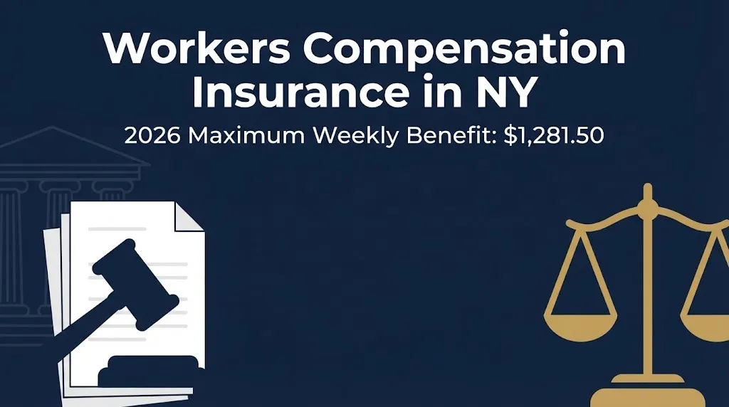 Workers compensation insurance in NY 2026 banner with gavel icon and maximum weekly benefit rate.