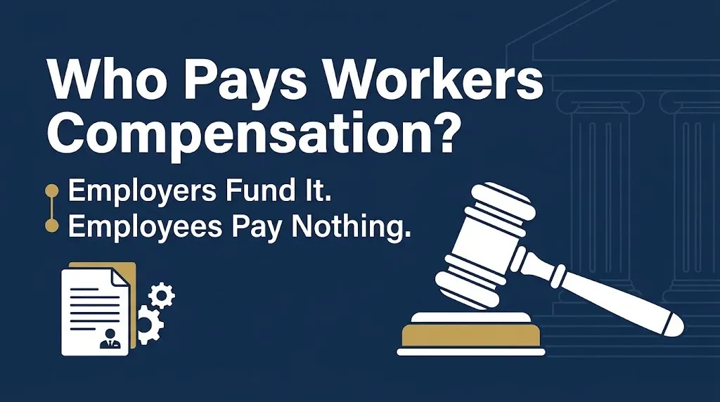 Workers compensation is funded by employers, not employees, in a 2026 legal banner.