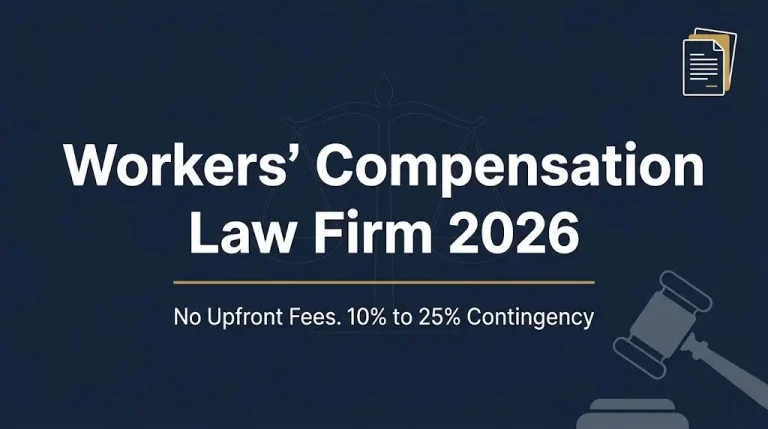 Workers compensation law firm 2026 banner showing no upfront fees and contingency range.