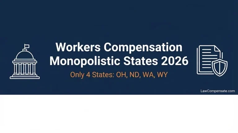 Workers compensation monopolistic states 2026 showing Ohio, North Dakota, Washington, and Wyoming.
