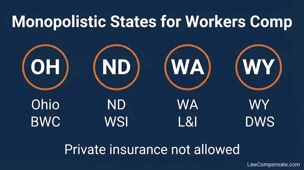 Workers compensation monopolistic states list showing Ohio, North Dakota, Washington, Wyoming state funds.