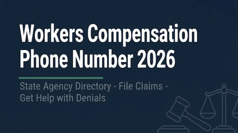 Workers compensation phone number 2026 banner showing state agency directory and claim filing help.
