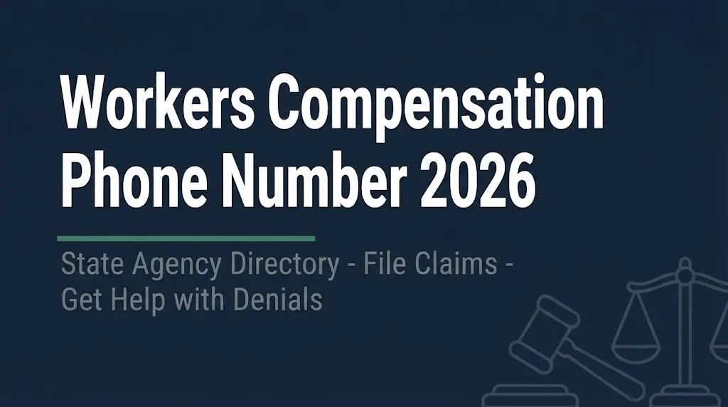 Workers compensation phone number 2026 banner showing state agency directory and claim filing help.