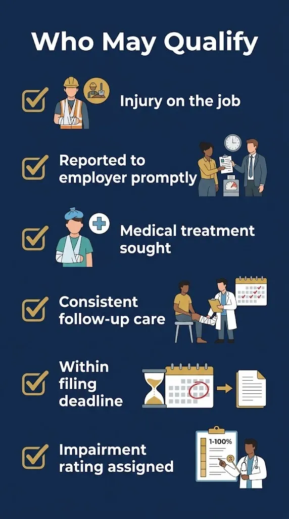 Workers compensation settlement eligibility checklist for 2026 showing six key criteria for claims