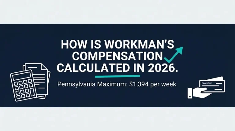 Workman's compensation calculation guide banner showing 2026 formula and Pennsylvania maximum weekly benefit.