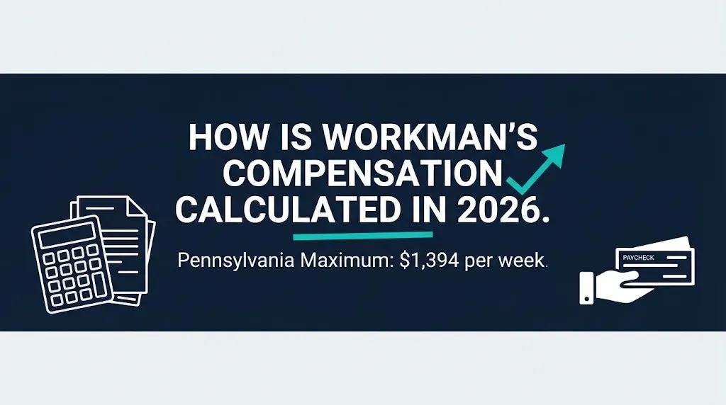 Workman's compensation calculation guide banner showing 2026 formula and Pennsylvania maximum weekly benefit.