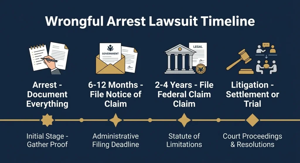 Wrongful arrest lawsuit timeline graphic showing notice of claim and federal filing deadlines.