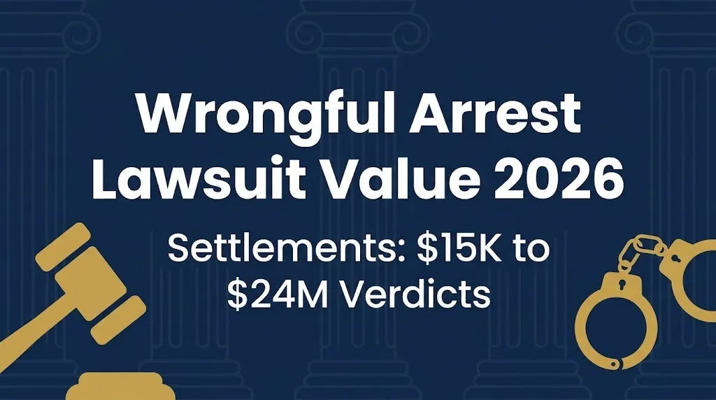 Wrongful arrest lawsuit value 2026 banner showing settlement ranges from $15,000 to $24 million verdicts.