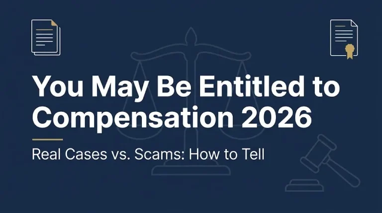 You may be entitled to compensation 2026 banner explaining real cases versus scams.