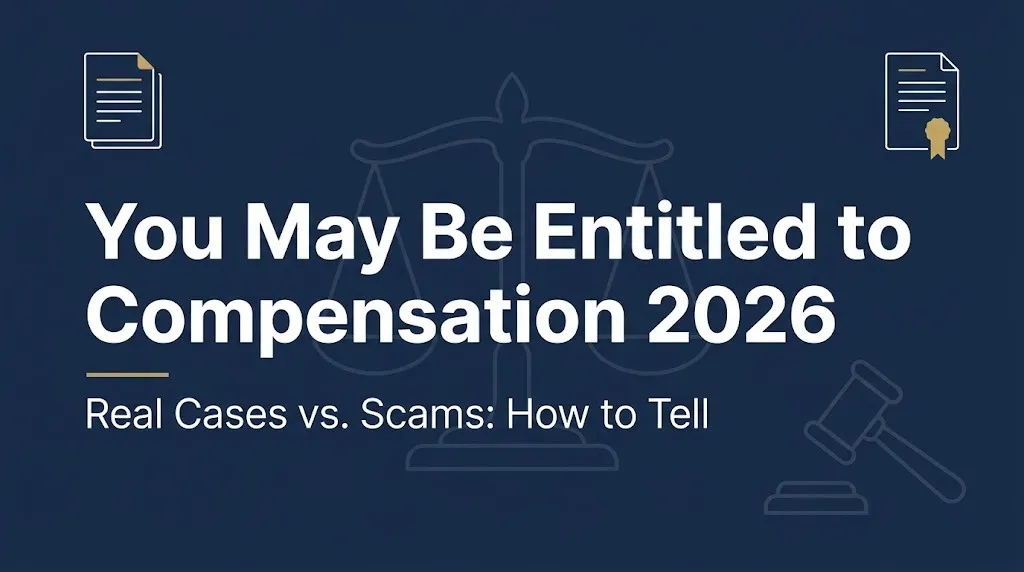 You may be entitled to compensation 2026 banner explaining real cases versus scams.