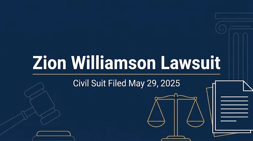 Zion Williamson lawsuit banner noting the civil suit filed May 29, 2025, with a gavel and scales