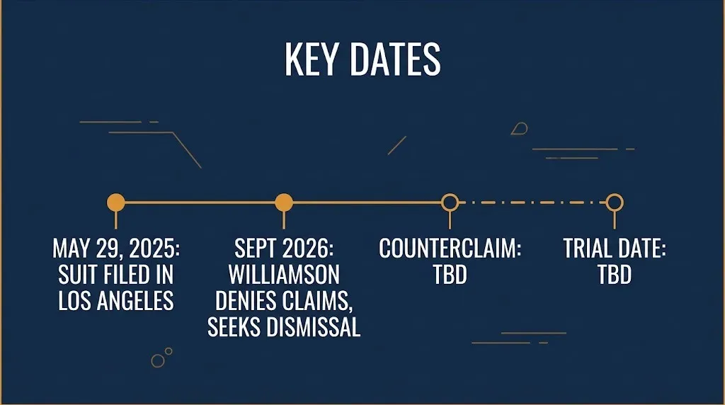 Zion Williamson lawsuit timeline suit filed May 2025, denial in September 2026, counterclaim and trial date TBD